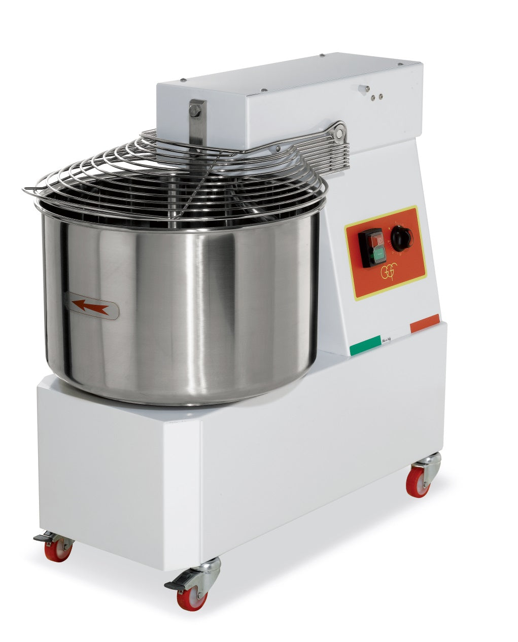 Amasadora espiral IM22 de 22 litros fabricada en Italia con cuba fija, cabezal fijo y 2 velocidades para pizza y pan