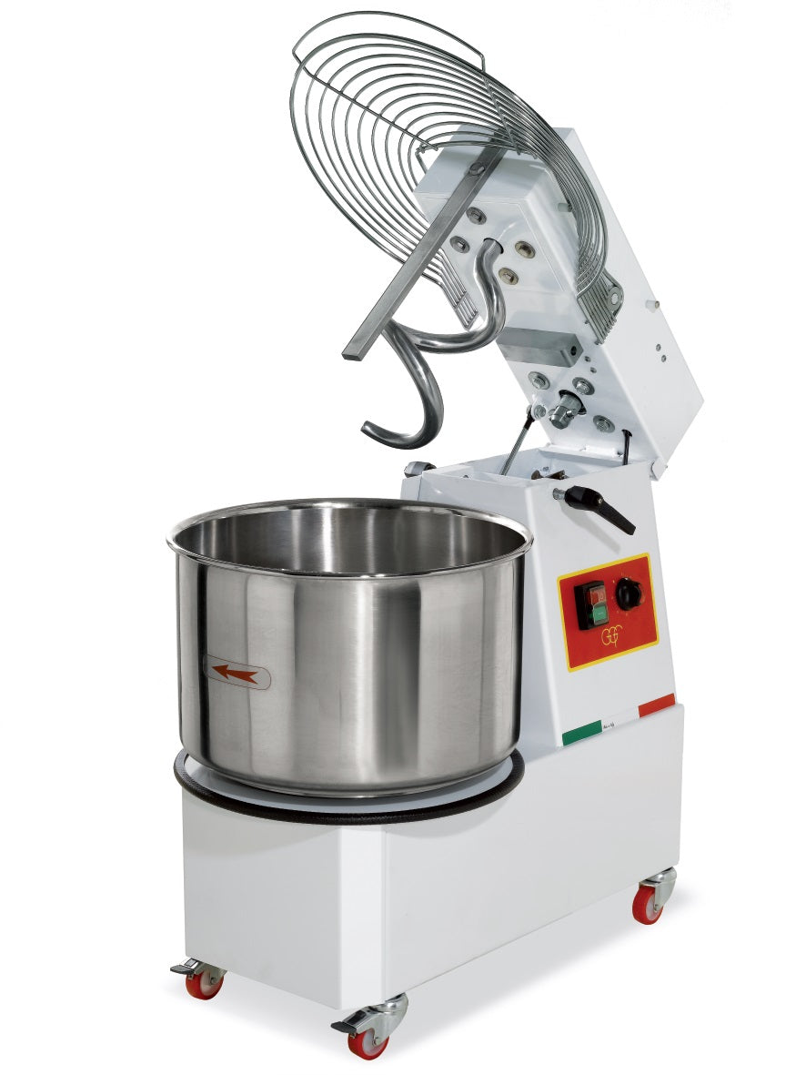 Amasadora espiral profesional IMR22 de 22 litros con cuba extraíble y cabezal elevable para panadería, pizzería y hostelería