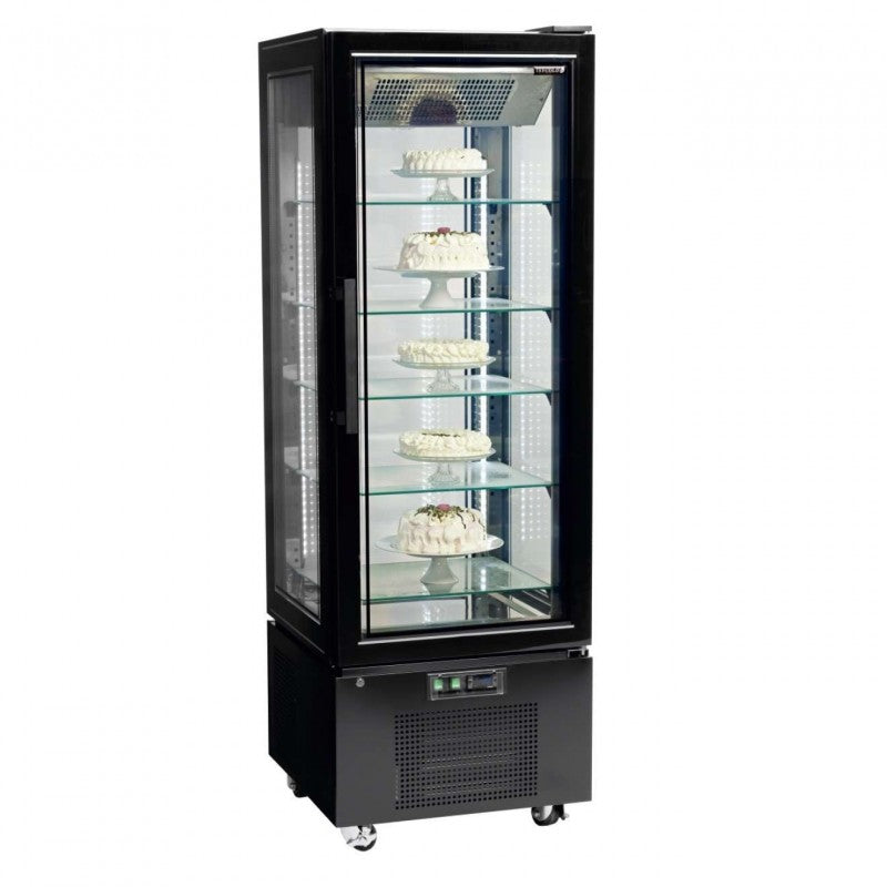 Armario congelador expositor ventilado con cuatro caras de cristal, iluminación LED y 5 estantes ajustables