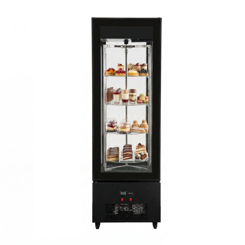 Armario refrigerado expositor XC-440X con cuatro caras de cristal, estantes giratorios e iluminación LED panorámica