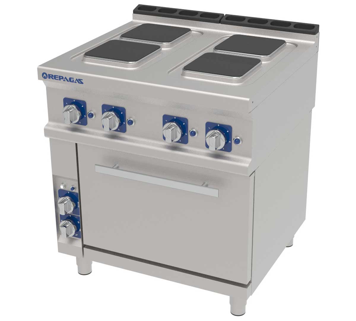 Cocina eléctrica industrial Repagas CE-741 Pro con cuatro placas eléctricas y horno profesional GN 2/1 de la Serie 750 Professional Line.