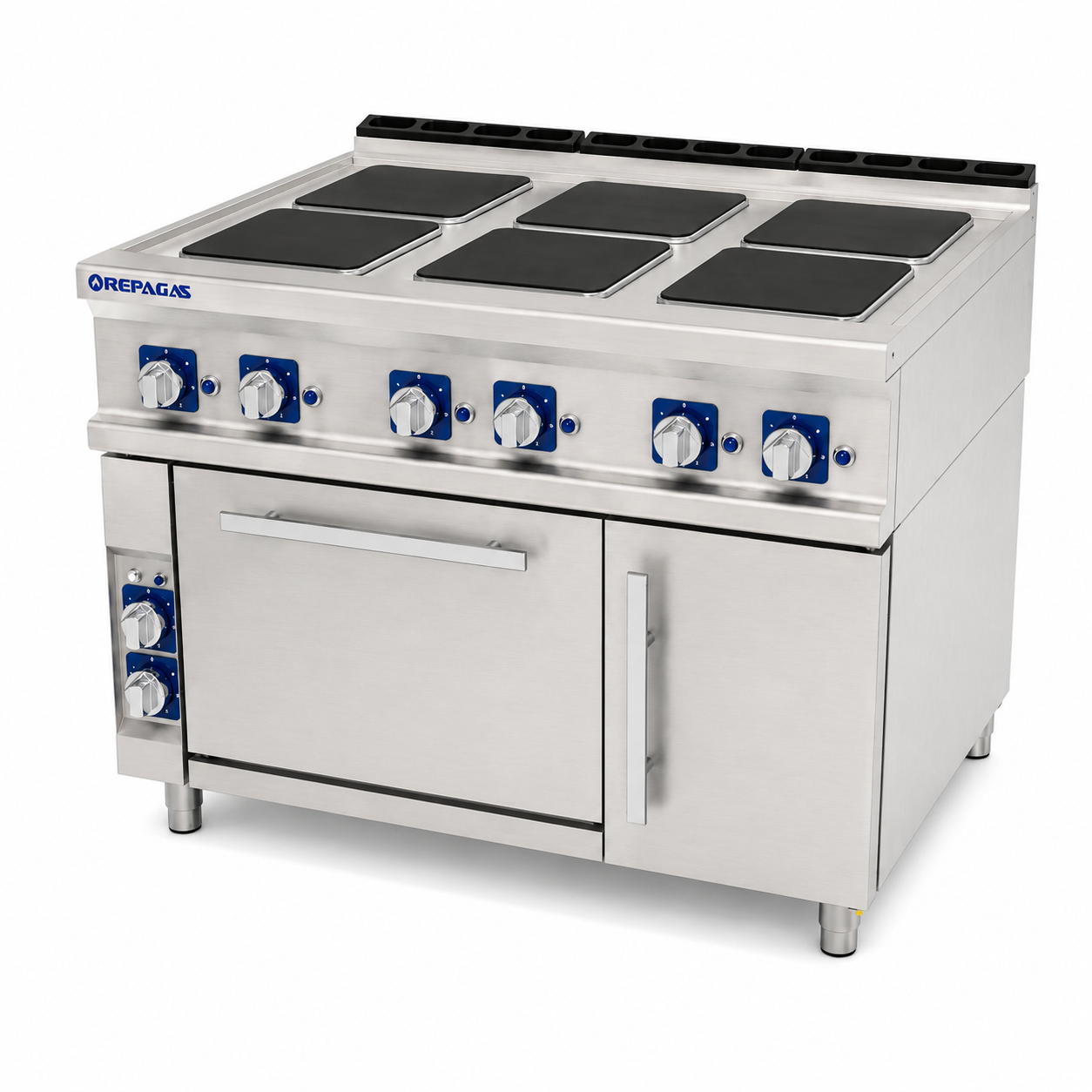 Cocina eléctrica industrial Repagas CE-961 Pro con seis placas eléctricas EGO y horno GN 2/1 para restaurantes y cocinas profesionales.