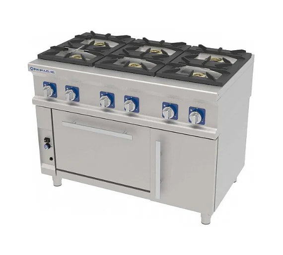 Cocina industrial de gas Repagas CG-961 PRO con seis quemadores profesionales y horno integrado para hoteles, restaurantes y cocinas centrales.