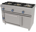 Cocina profesional Repagas CG-531G con tres quemadores, horno de gas y gratinador integrado.