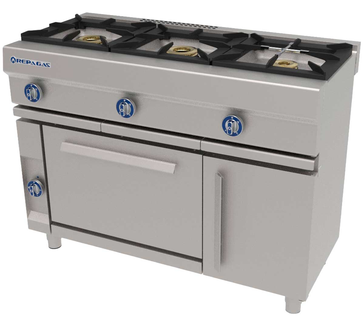 Cocina profesional Repagas CG-531G con tres quemadores, horno de gas y gratinador integrado.