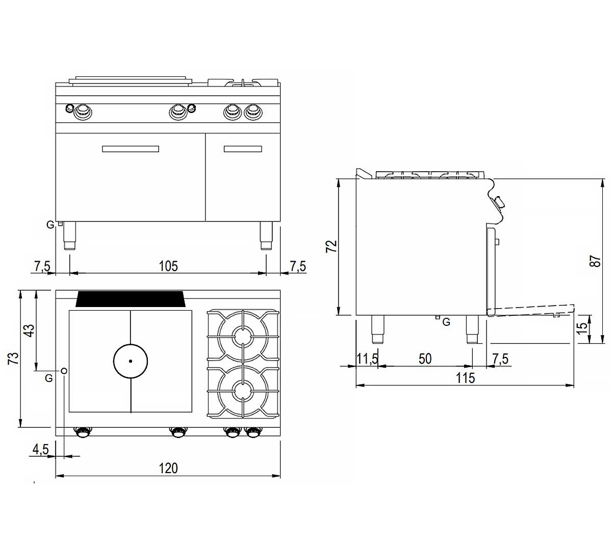 Cocina industrial Savemah Serie 700 con placa radiante de hierro fundido, cuatro fuegos y horno GN 2/1