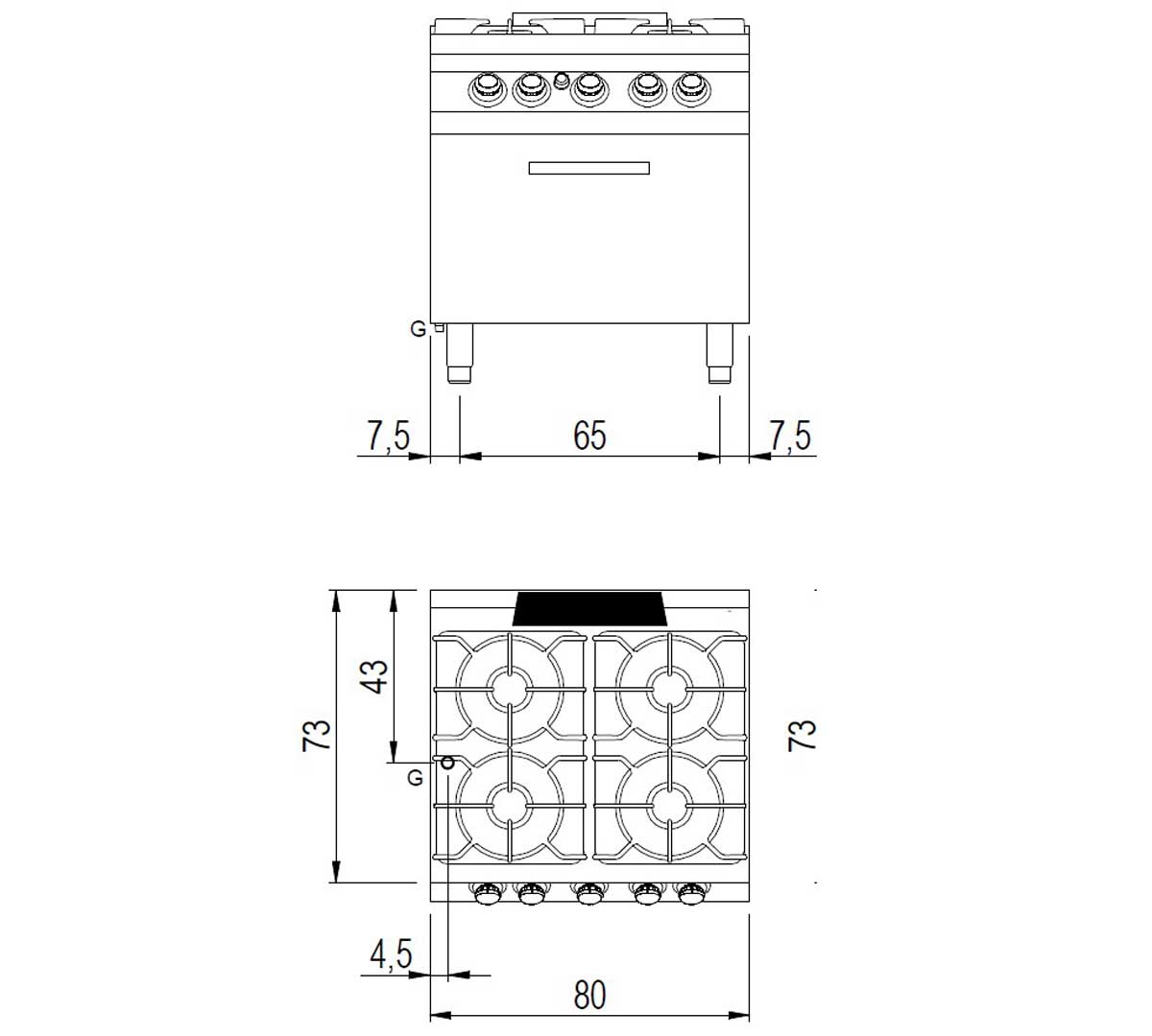 Cocina industrial Savemah Serie 700 con cuatro fuegos y horno GN 2/1