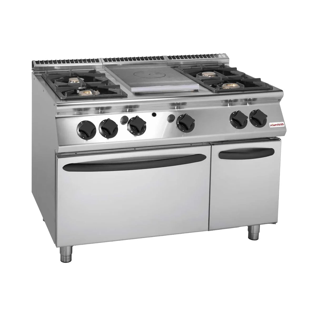 Cocina industrial Savemah Serie 900 con placa radiante de hierro fundido, cuatro fuegos y horno GN 2/1
