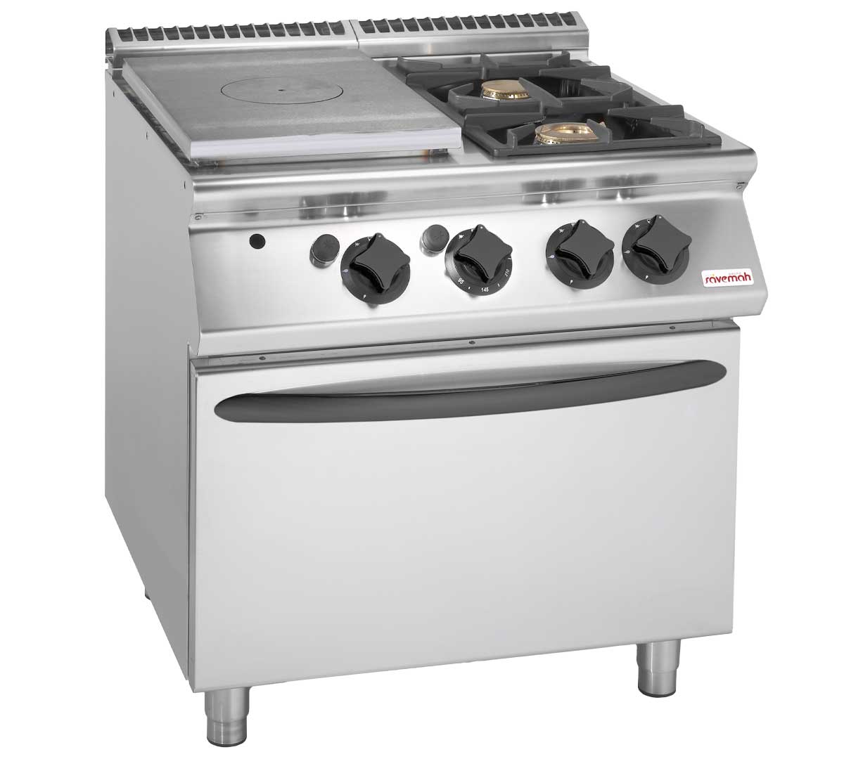 Cocina industrial Savemah Serie 900 con placa radiante de hierro fundido, dos fuegos y horno GN 2/1