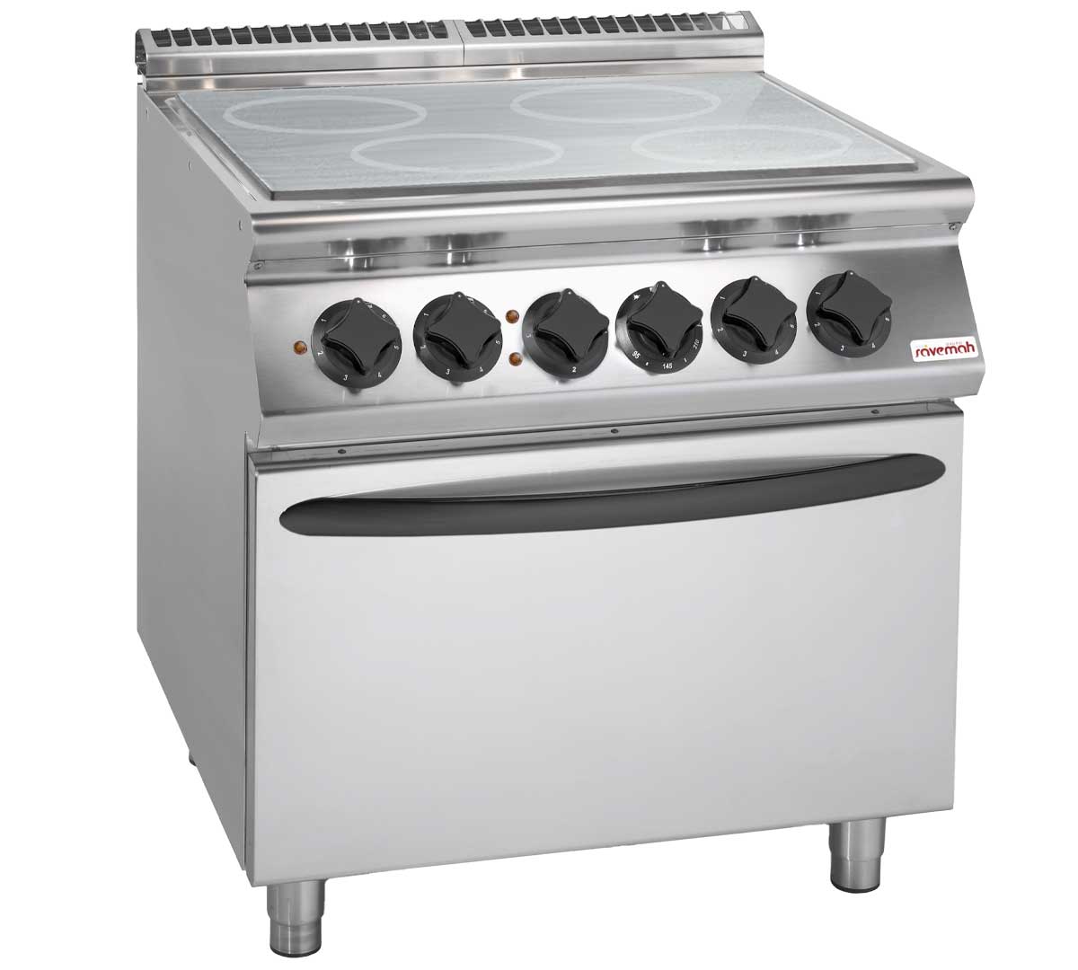 Cocina industrial eléctrica Savemah Serie 900 con cuatro placas radiantes y horno GN 2/1