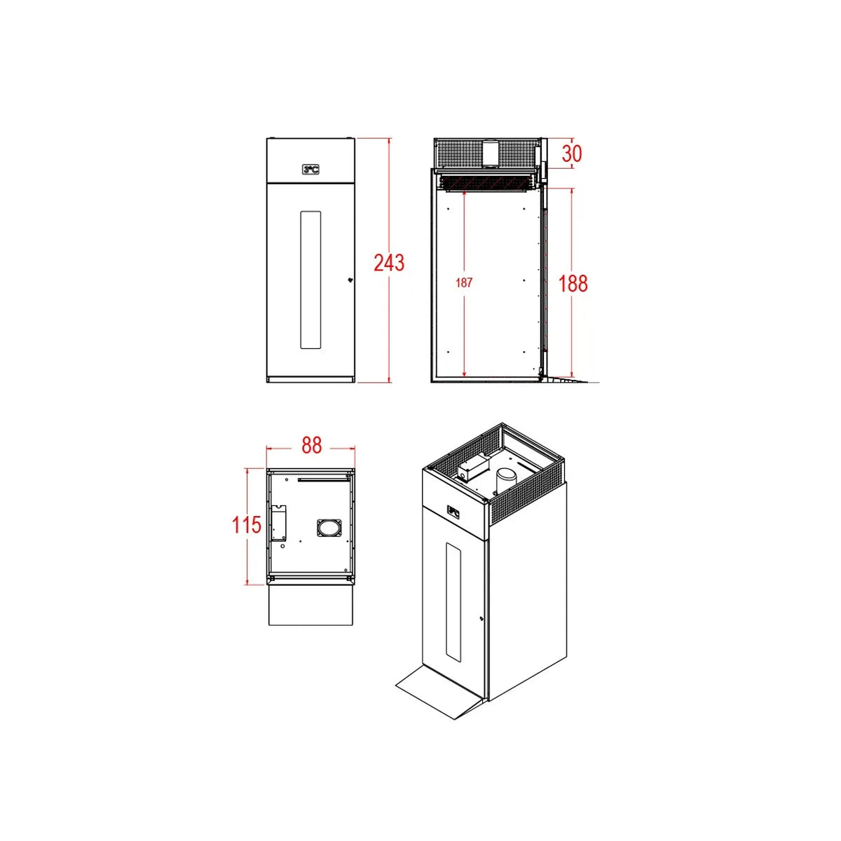 Dimensiones, opciones y paneles de control de la cámara de fermentación controlada DAVFER para panadería profesional