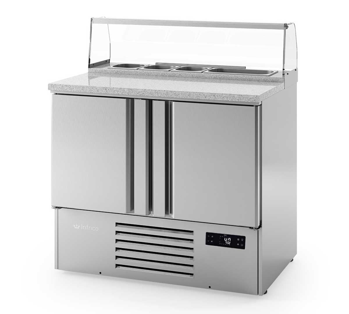 Mesa pizzera profesional con encimera de granito
