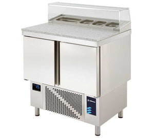 Mesa pizzera con vitrina de cristal y encimera de granito