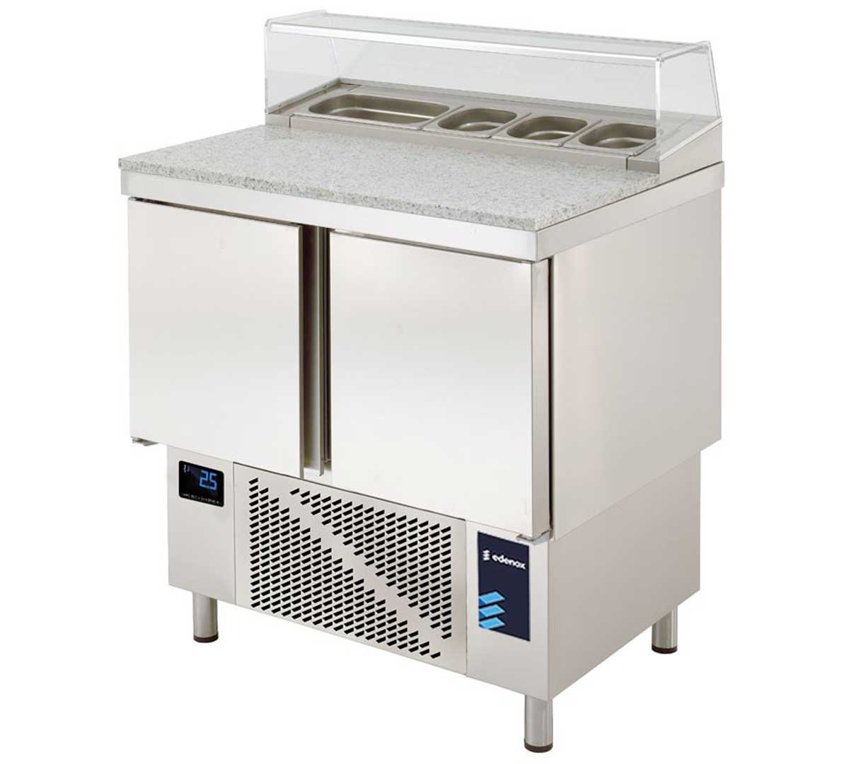 Mesa pizzera con vitrina de cristal y encimera de granito