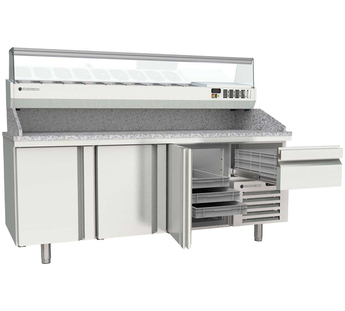 Mesa pizzera profesional con cajón neutro y granito
