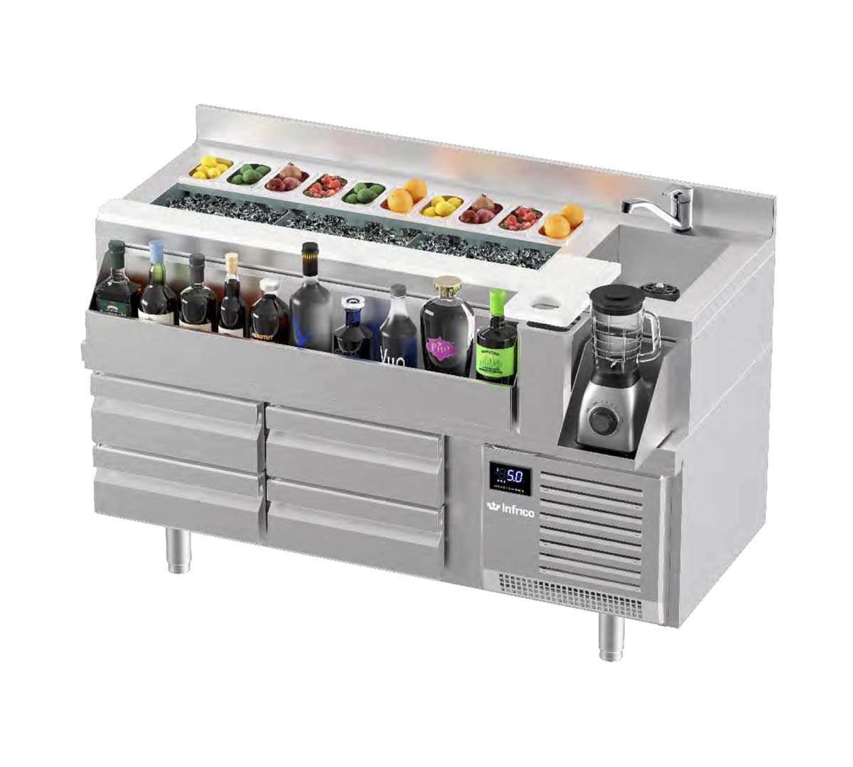 Estación de coctelería profesional con 6 cajones refrigerados

