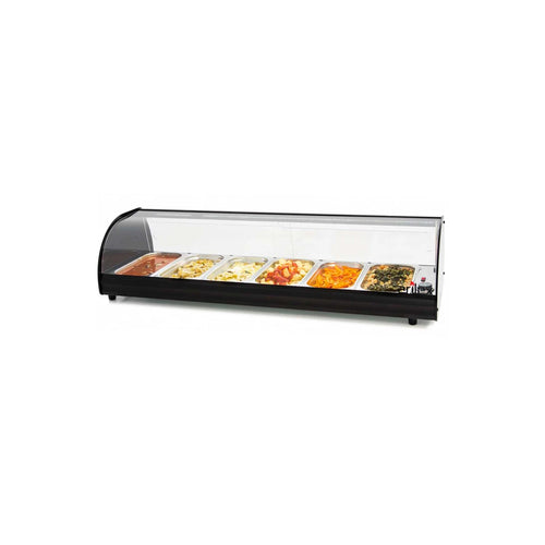 Vitrina caliente expositora de sobremesa para buffet con cubetas gastronorm y cristal curvo