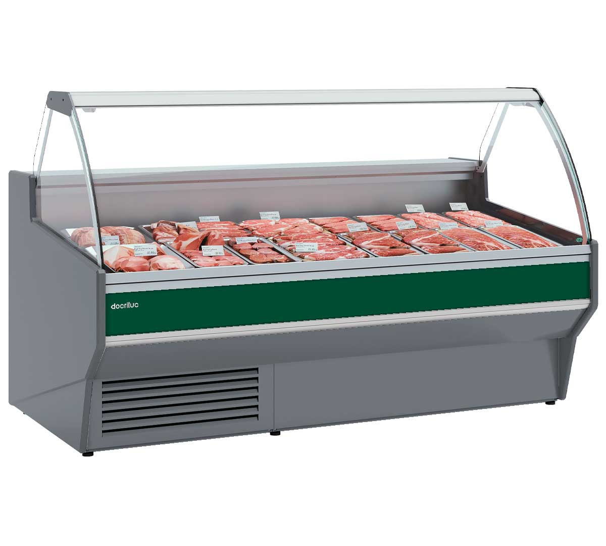 Vitrina expositora refrigerada Vesper VE-10E-C-TF con cristal curvo para carnicerías, charcuterías, productos lácteos y comercios de alimentación.
