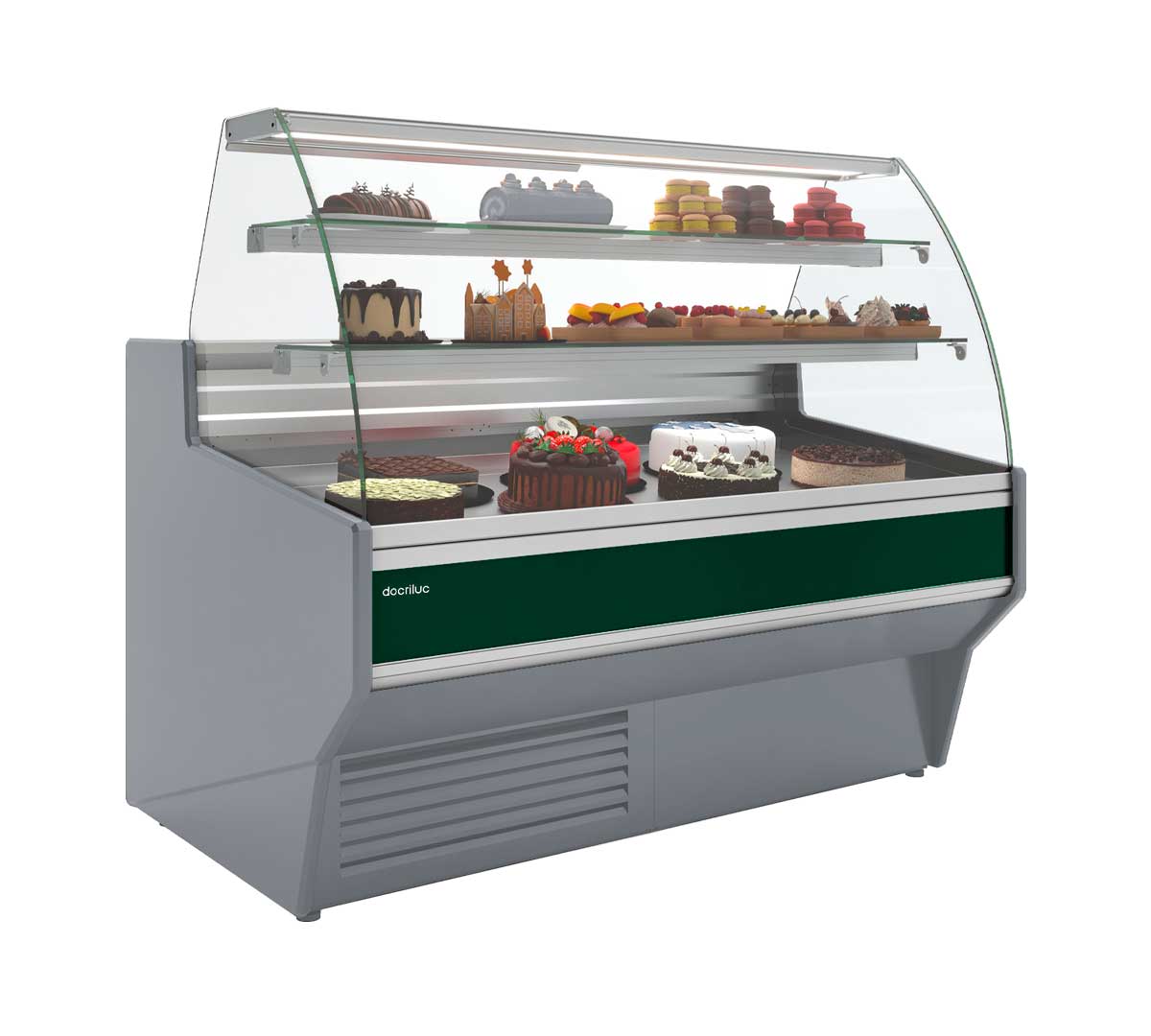 Vitrina expositora refrigerada Vesper VEP-9-C con cristal curvo para pasteles, tartas, bollería y productos de repostería en pastelerías y cafeterías.