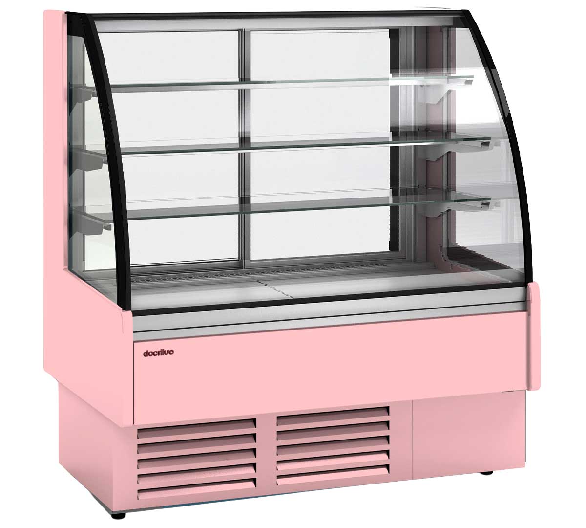 Vitrina semimural refrigerada Insignia VV-C con cristal curvo para bebidas, snacks, productos frescos y platos preparados.