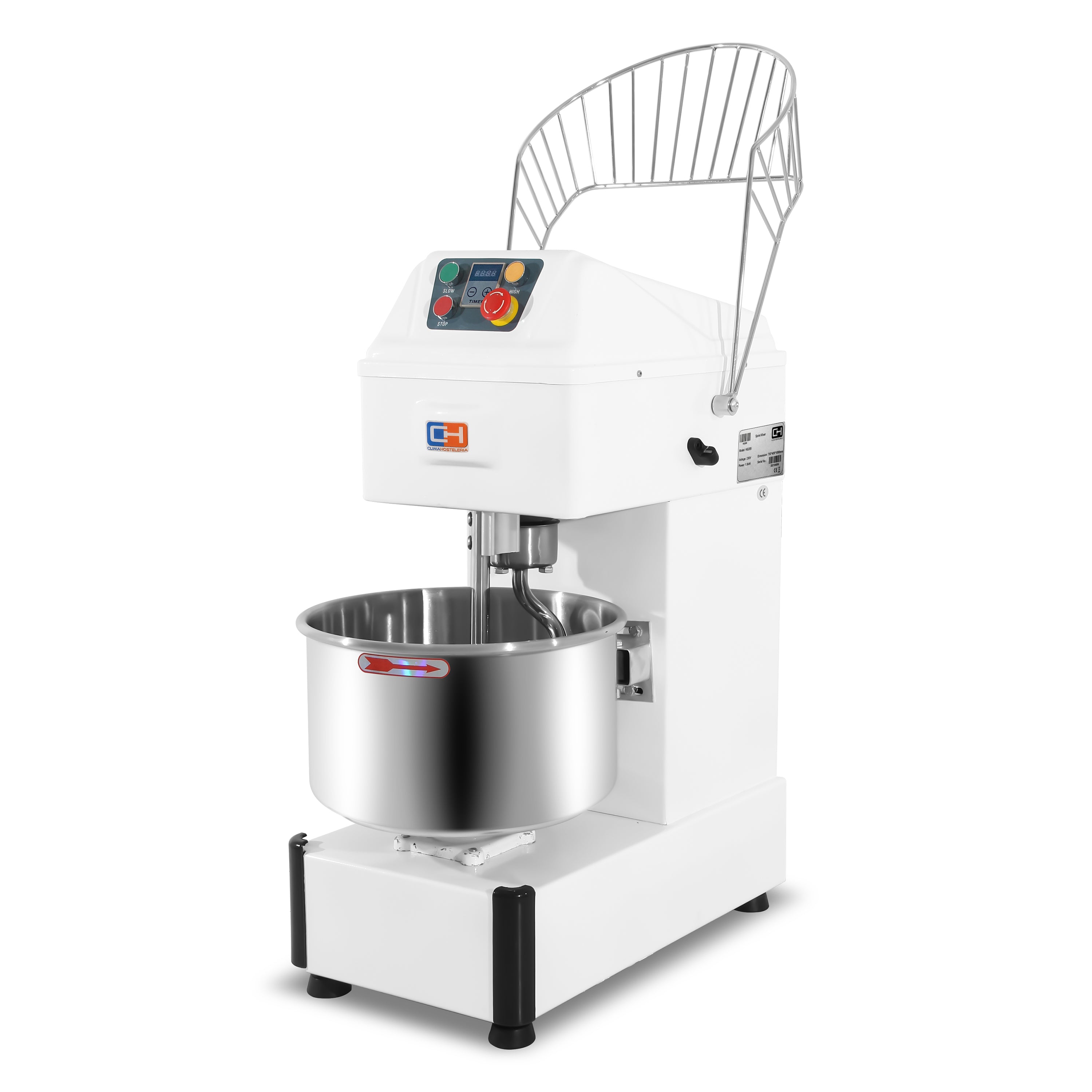 Amasadora espiral HS-20 de 20 litros con cuba y gancho en acero inoxidable para masas de pizza y pan