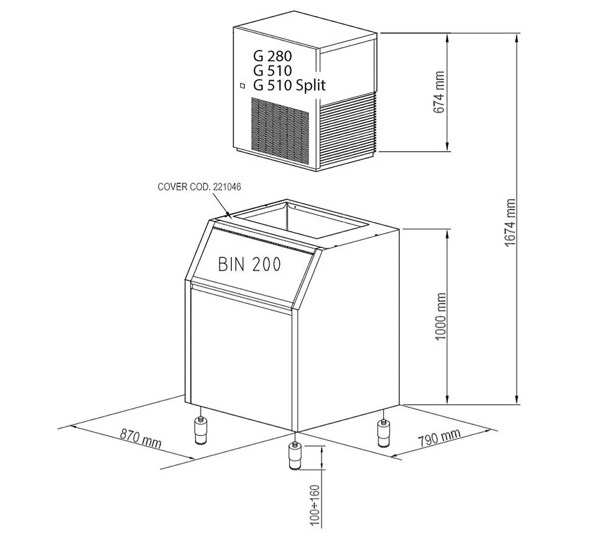 Brema Depósito de hielo Bin 200 – 200 kg – plano de medidas y montaje.