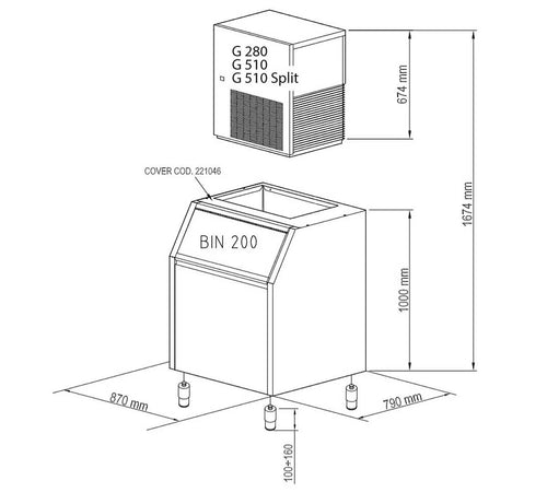Brema Depósito de hielo Bin 200 – 200 kg – plano de medidas y montaje.