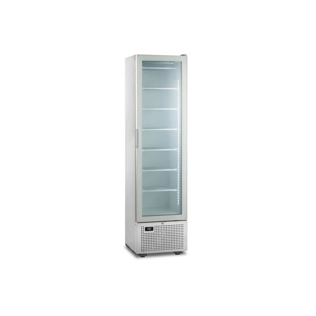 Congelador exhibidor vertical blanco con puerta de vidrio e iluminación LED interna