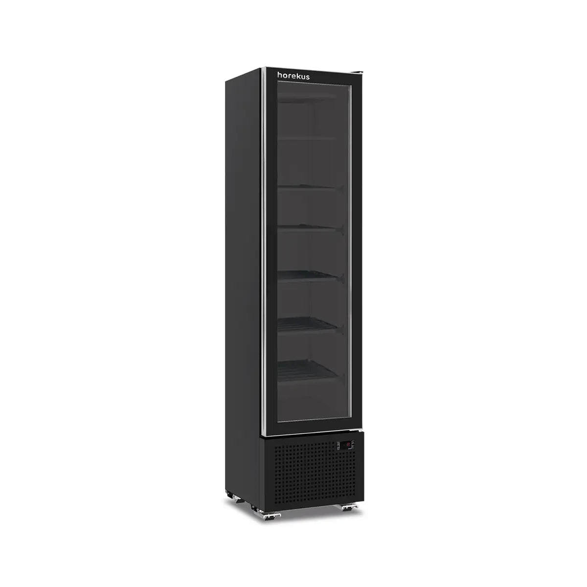 Congelador exhibidor vertical negro con puerta de vidrio y repisas ajustables