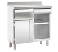 Mueble cafetero industrial MCN-100 en acero inoxidable con estante, cajón, tolva y puerta para hostelería