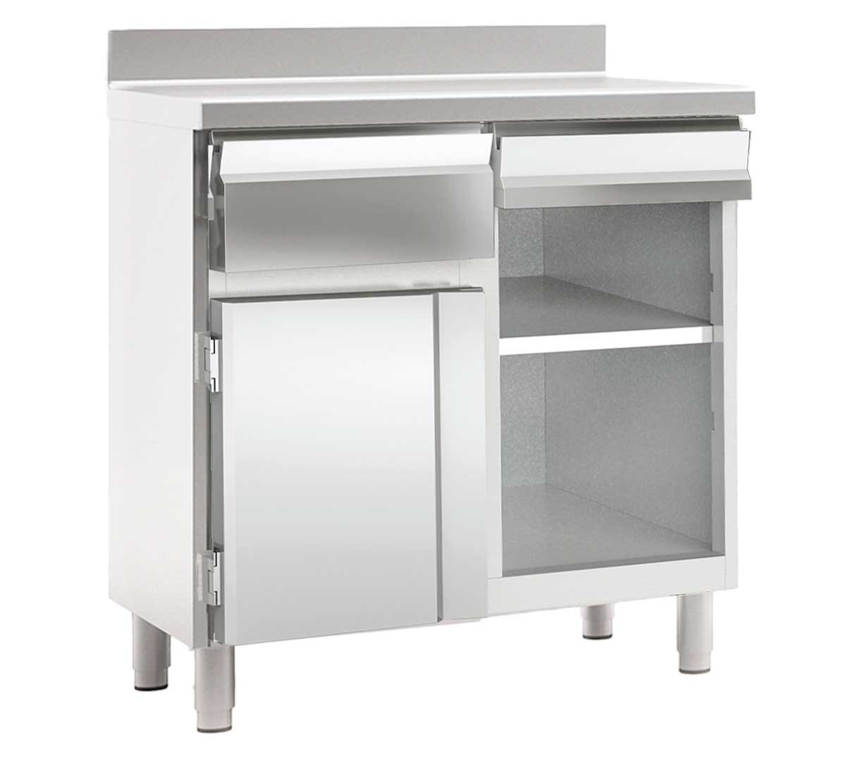 Mueble cafetero industrial MCN-100 en acero inoxidable con estante, cajón, tolva y puerta para hostelería