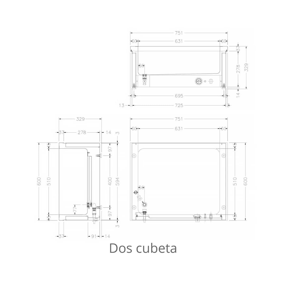 Edenox Baño María Agua BMSM - plano de dimensiones para dos cubetas