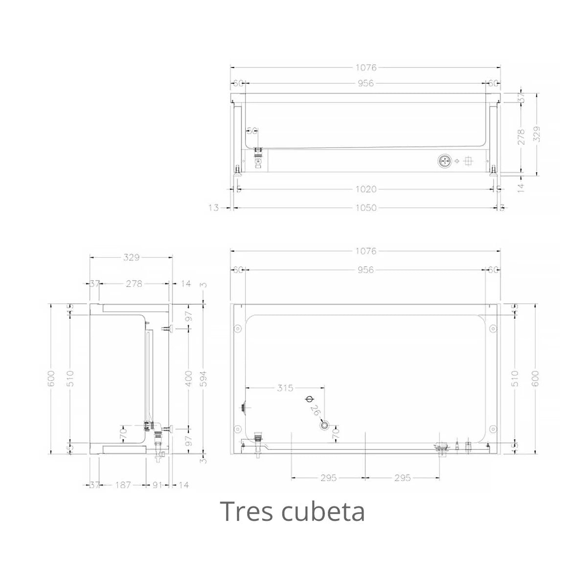 Edenox Baño María Agua BMSM - plano de dimensiones para tres cubetas