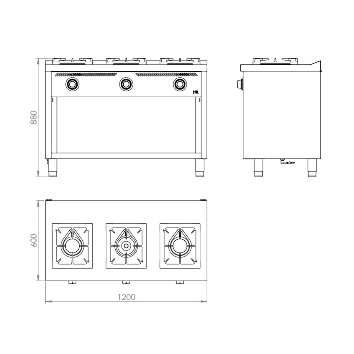 Fainca HR Cocina industrial a gas 3 fuegos Serie 600 con estante C3F600E - vista 2