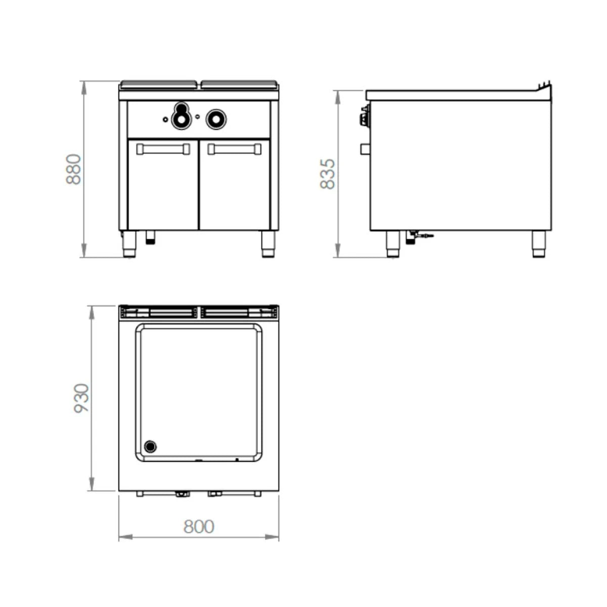 Fainca HR Serie 900 Baño María Gas BMG900 - plano de dimensiones del BMG9004E