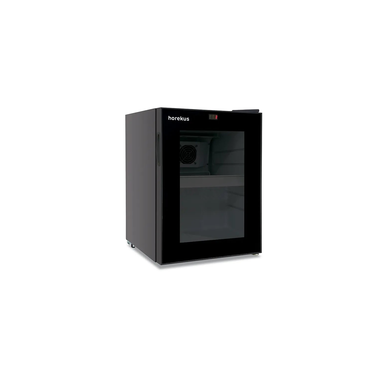 Mini nevera expositora negra Horekus HAM1 con puerta de cristal