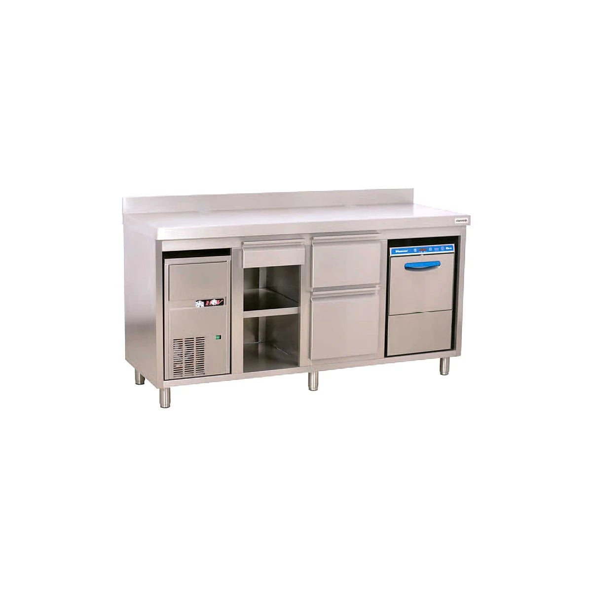 Mueble cafetero industrial de acero inoxidable con alojamiento para lavavasos y máquina de hielo para hostelería