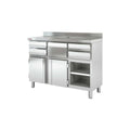 Mueble cafetero industrial MCN-140 en acero inoxidable con cajones, tolva, puertas y estantes para cafetería profesional