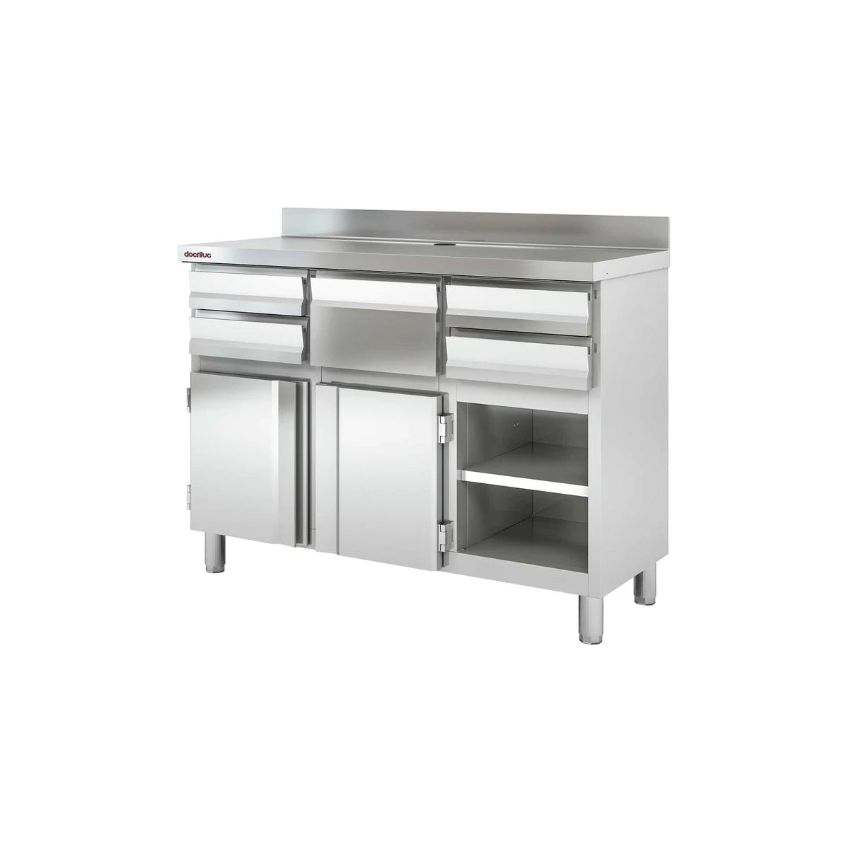 Mueble cafetero industrial MCN-140 en acero inoxidable con cajones, tolva, puertas y estantes para cafetería profesional