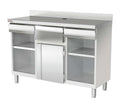 Mueble cafetero industrial MCN-150 en acero inoxidable con estantes, cajones, tolva y puerta para cafetería profesional