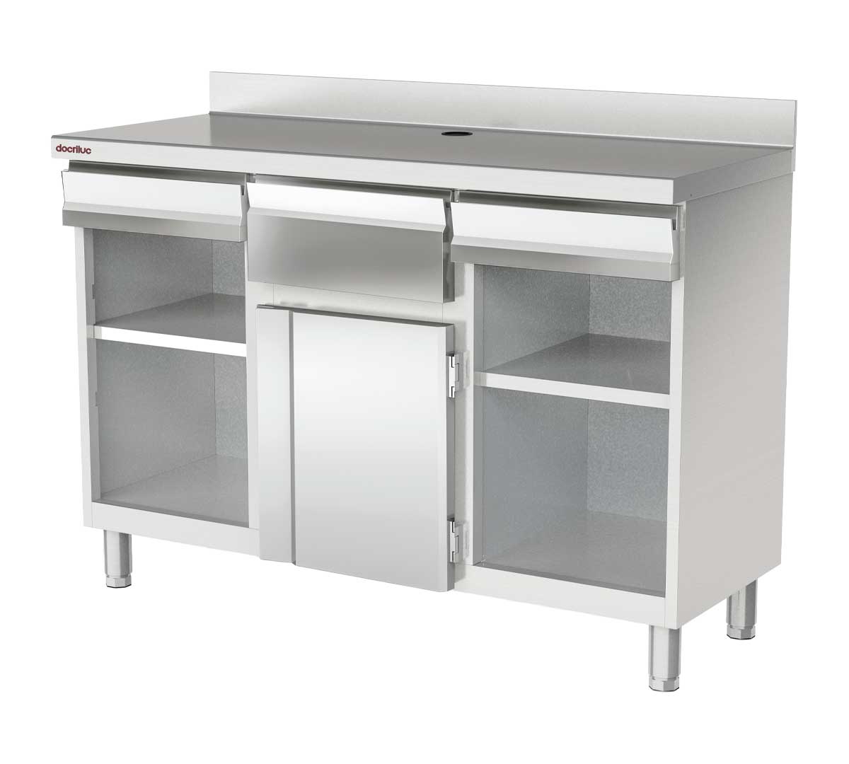 Mueble cafetero industrial MCN-150 en acero inoxidable con estantes, cajones, tolva y puerta para cafetería profesional