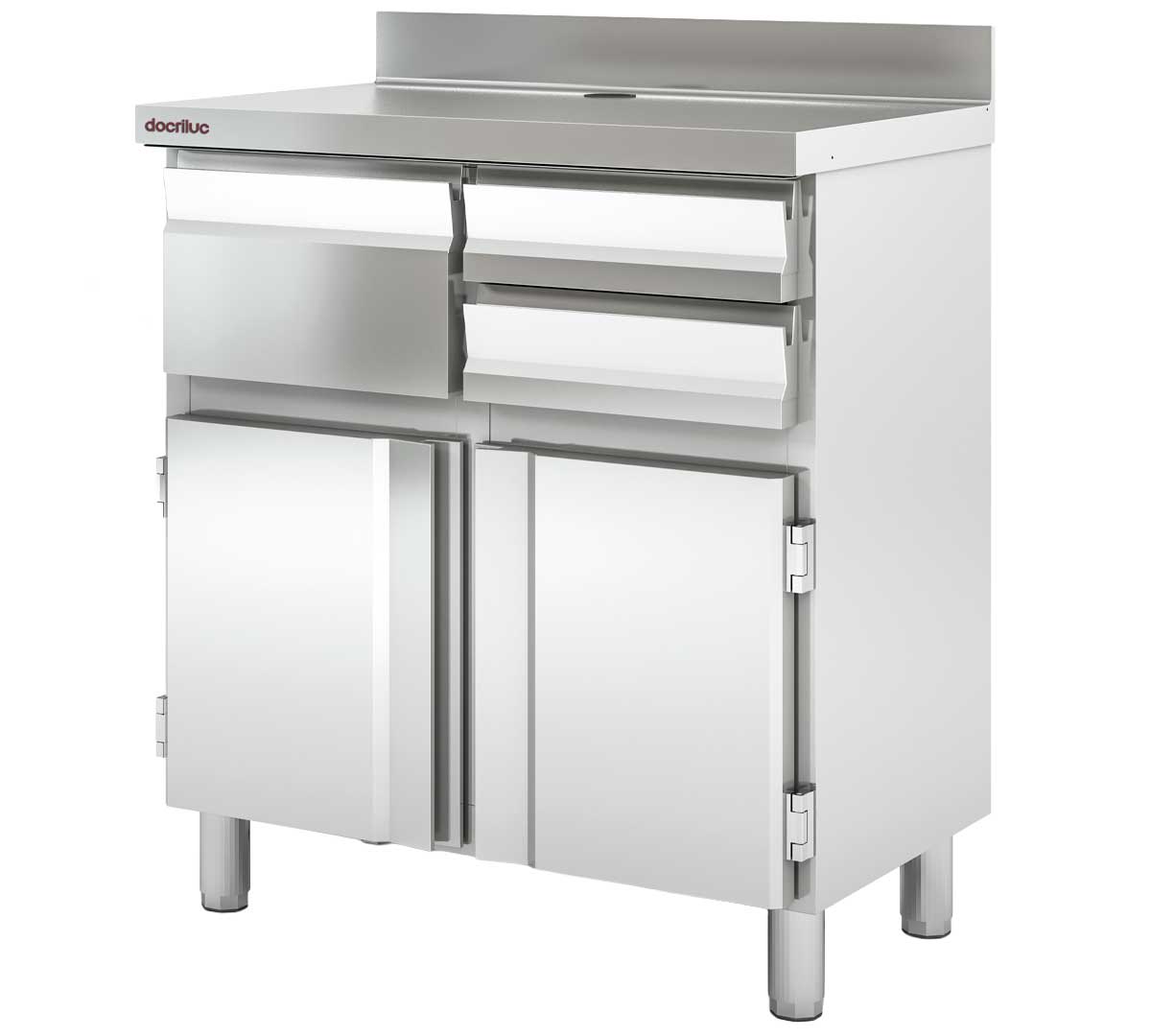 Mueble cafetero industrial MCN-90 de acero inoxidable con cajones, tolva y dos puertas para hostelería