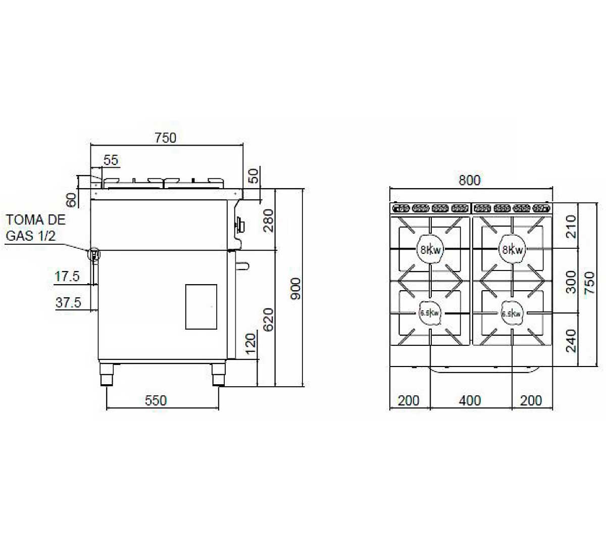 Repagas - 750 Power Line Cocina + Horno CG-741 Gas | Fondo 75 cm