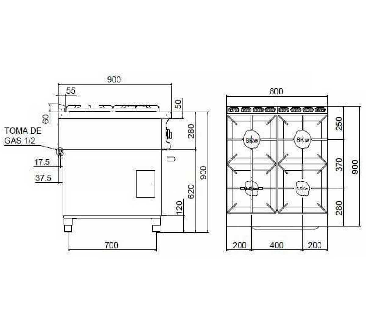 Repagas - S900 Power Line Cocina + Horno CG-941 Gas | Fondo 90 cm