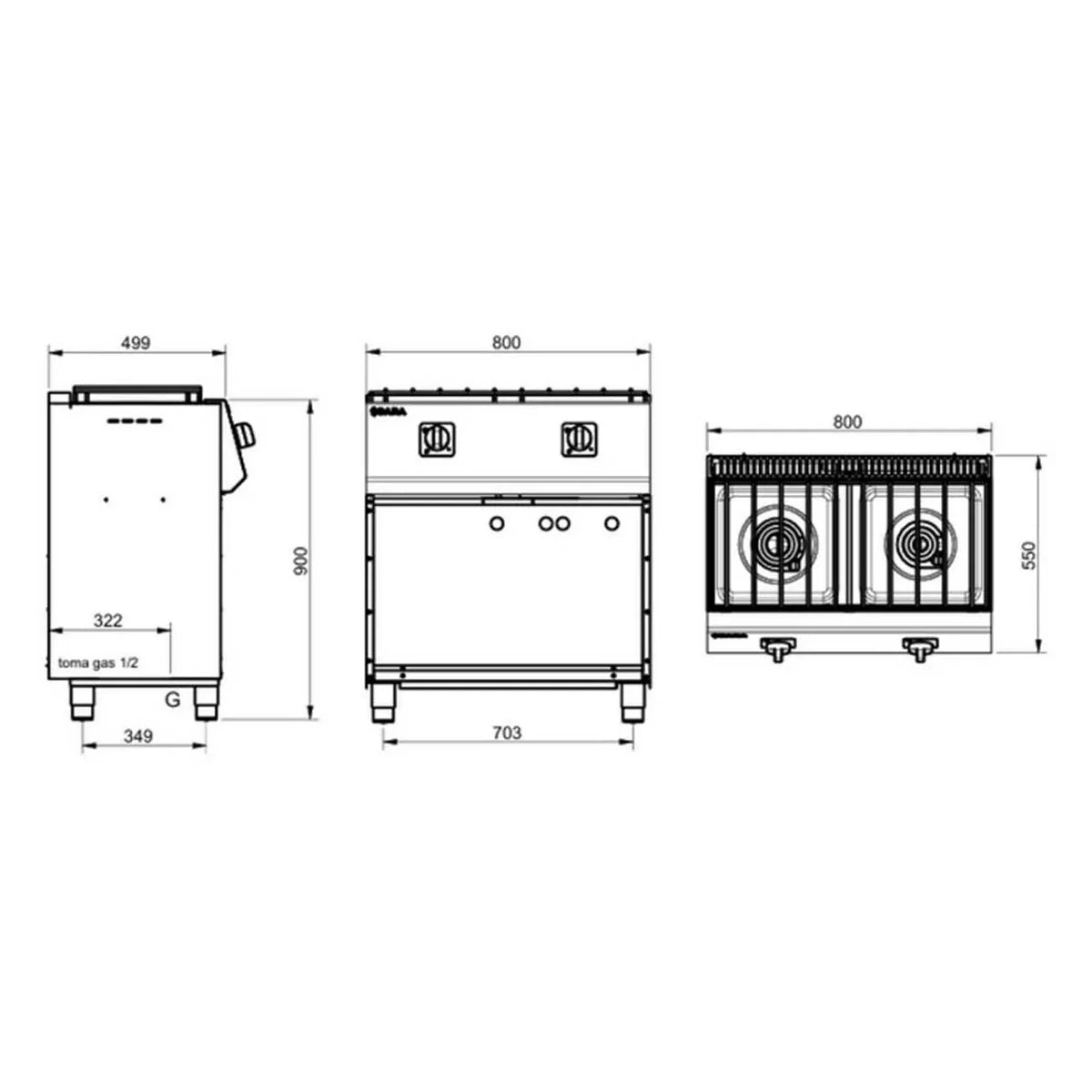 SARA Cocina industrial a gas 2 fuegos con estante serie 550 CGS-520 - vista 2