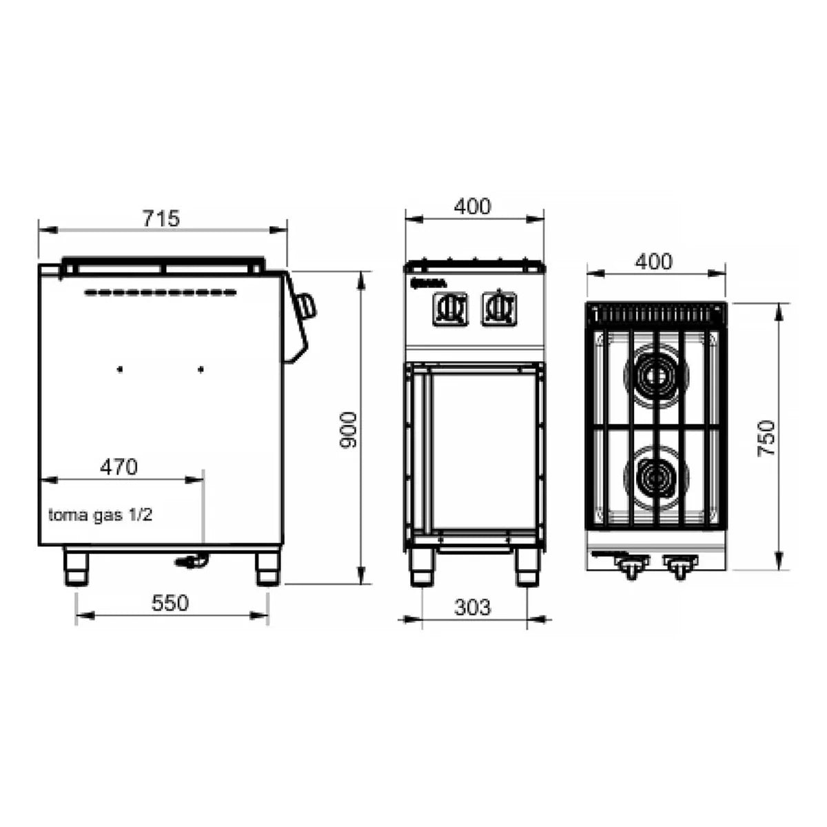 SARA Cocina industrial a gas 2 fuegos con estante serie 750 CGS-720 - vista 2
