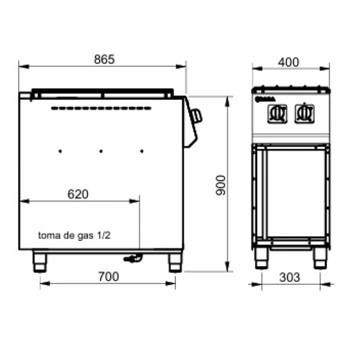SARA Cocina industrial a gas 2 fuegos con estante serie 900 CGS-920 - vista 2