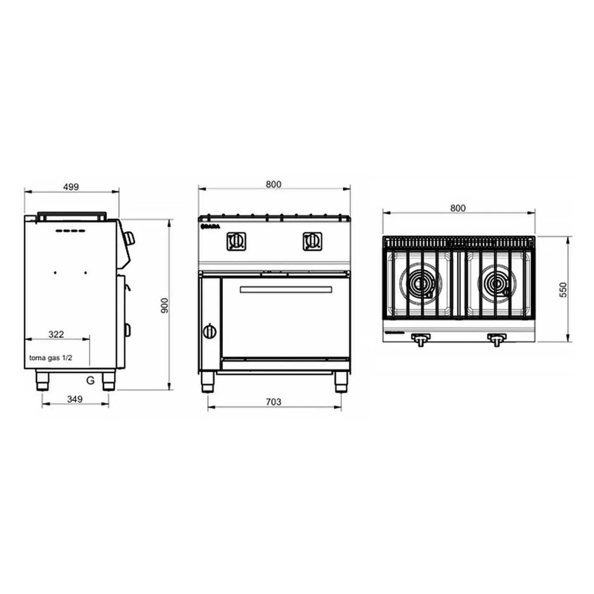 SARA Cocina industrial a gas 2 fuegos con horno y gratinador serie 550 CGS-521/G - vista 2