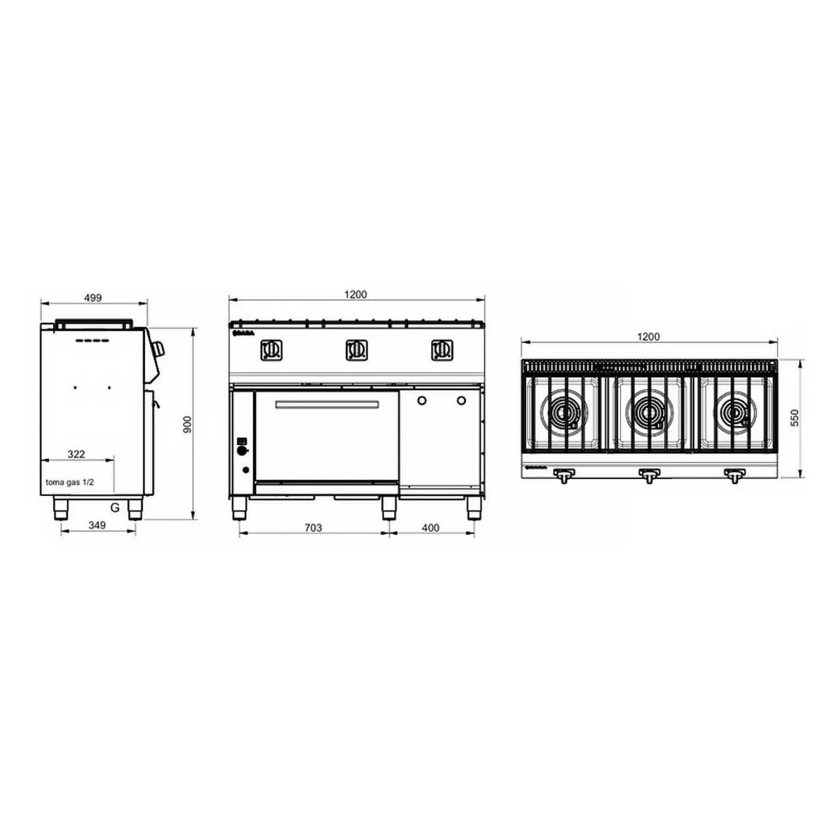 SARA Cocina industrial a gas 3 fuegos con horno serie 550 CGS-531 - vista 2