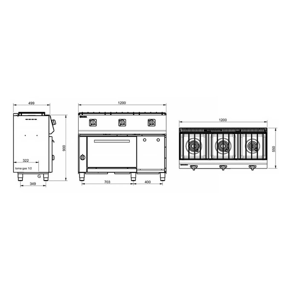 SARA Cocina industrial a gas 3 fuegos con horno y gratinador serie 550 CGS-531/G - vista 2